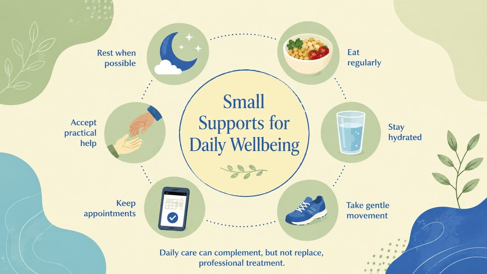 New parent wellbeing education slide featuring realistic daily care ideas for postpartum recovery.