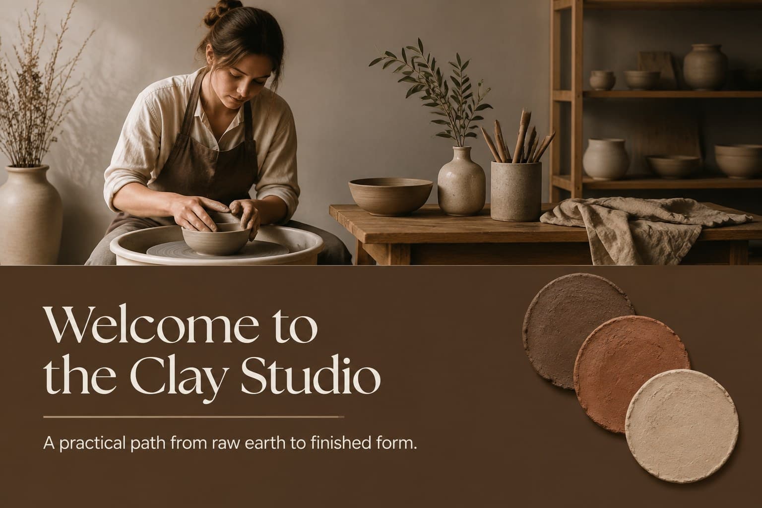 Pottery class introduction slide showing a brown-toned ceramic studio image and workshop overview.