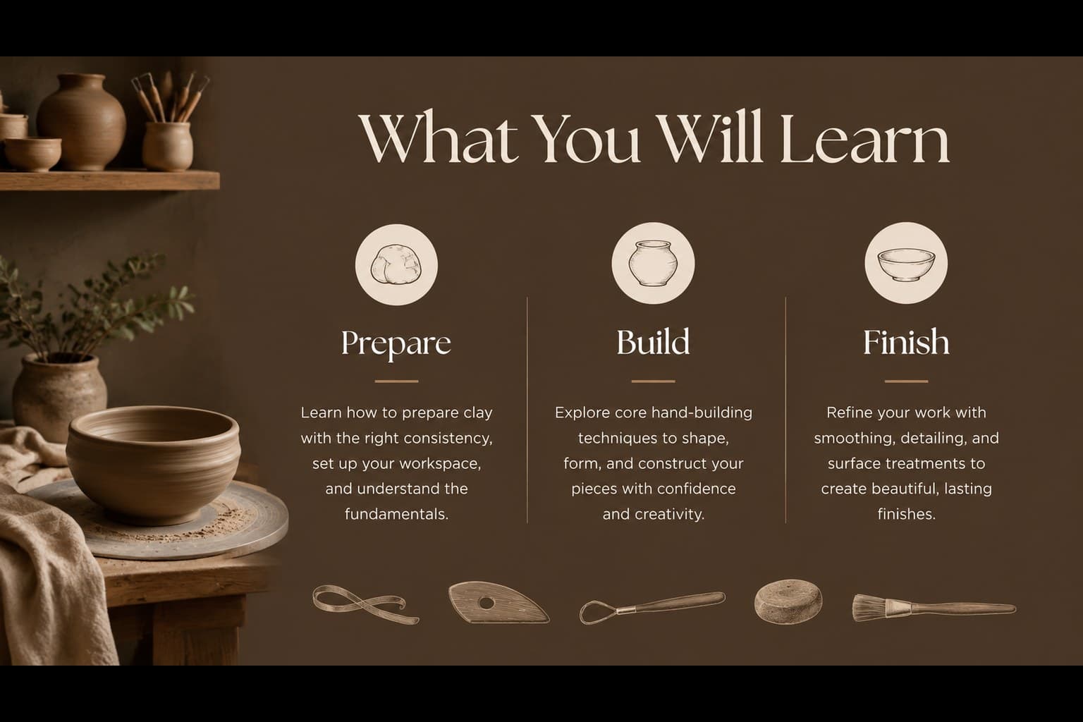 Ceramic technique lesson slide outlining pottery workshop learning goals in a warm brown layout.