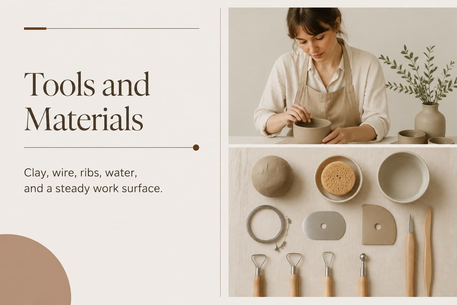 Pottery class presentation slide featuring clay tools and a materials checklist.