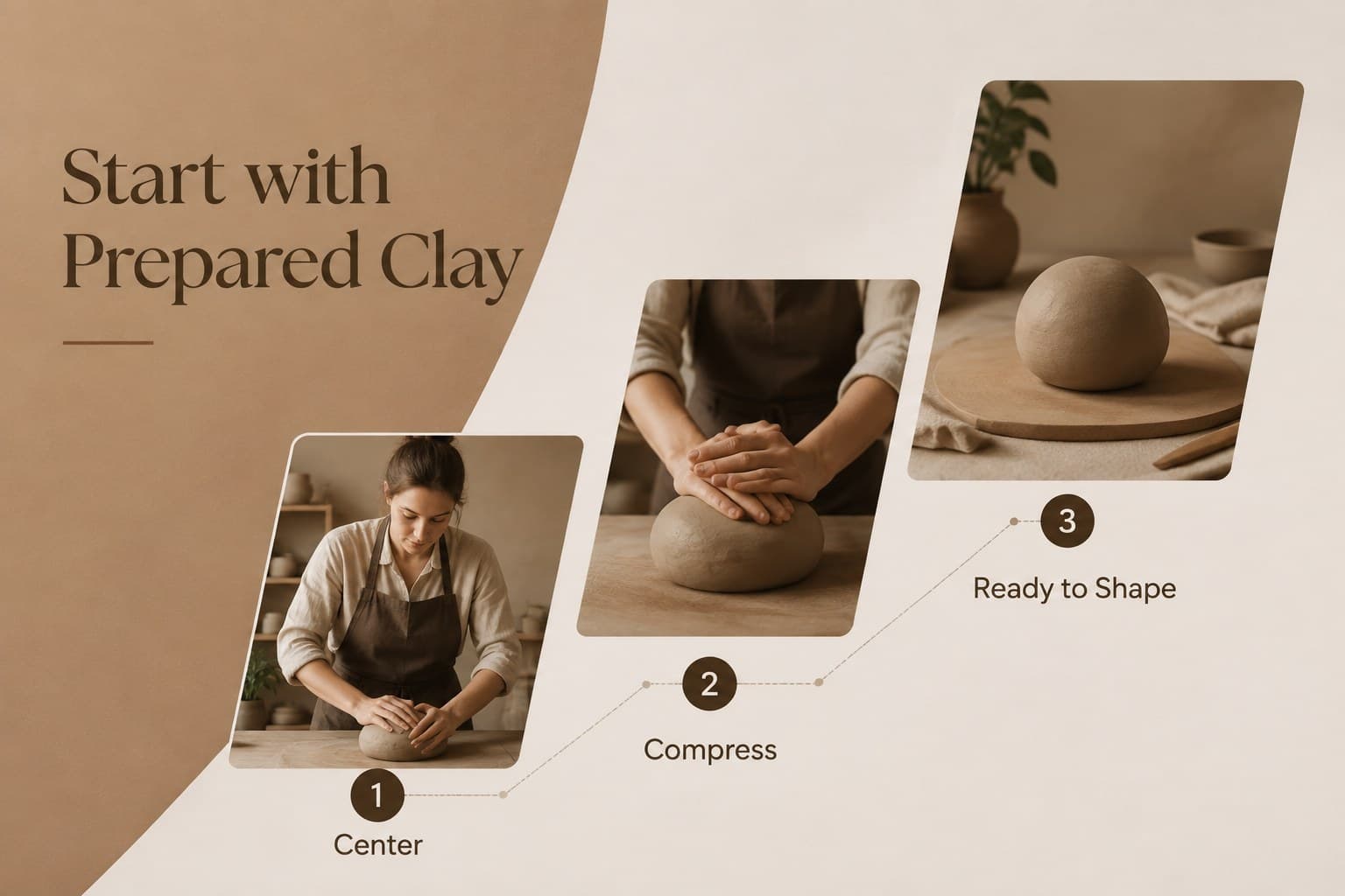 Pottery process presentation slide showing an image-led overview of preparing clay.