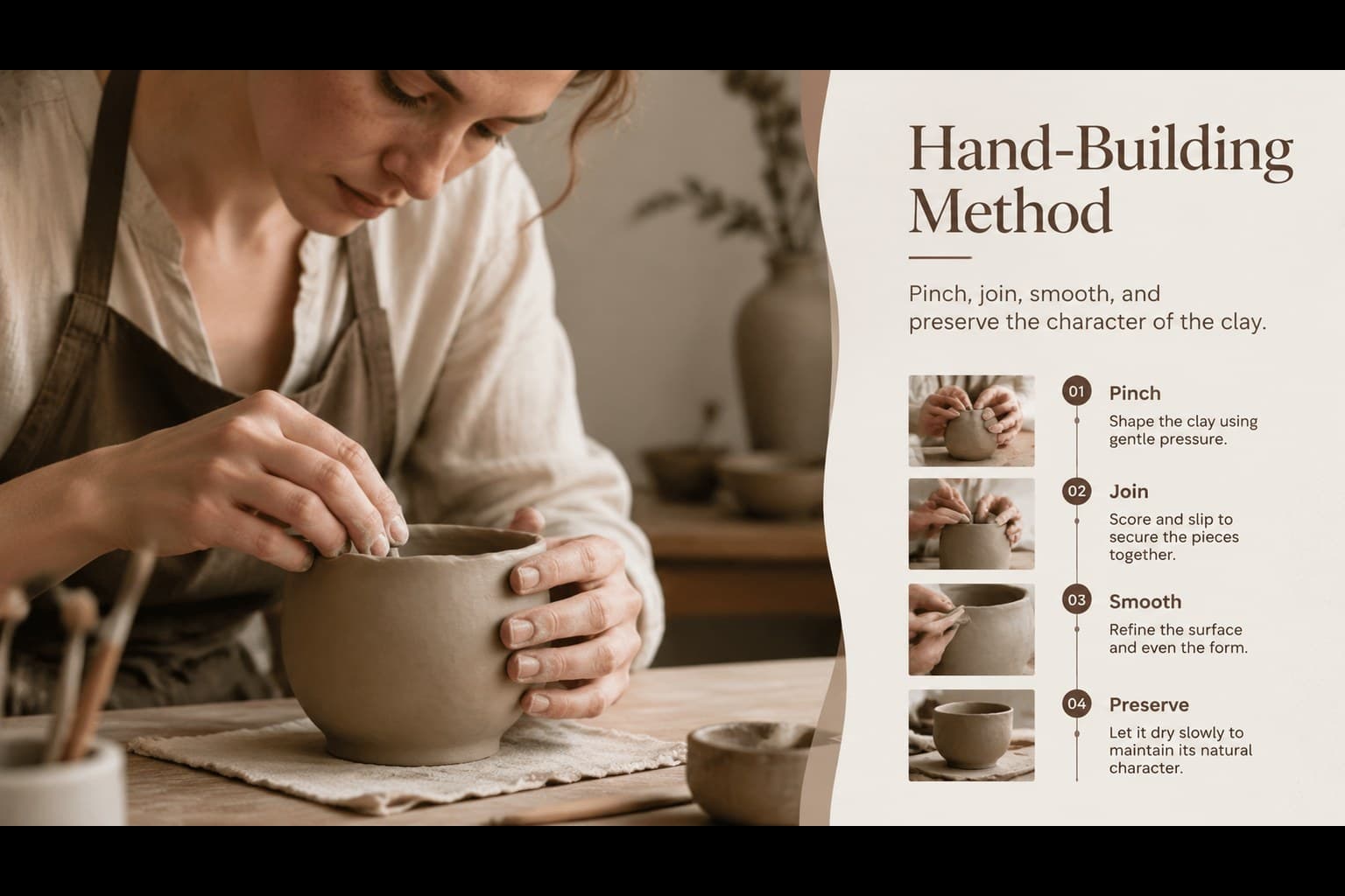 Hand building ceramics slideshow slide explaining a pottery shaping method with close-up imagery.