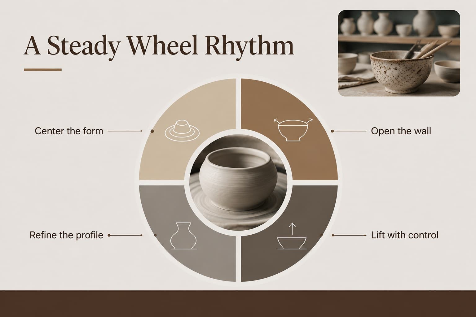 Pottery process presentation slide showing a wheel-throwing technique with concise instructional notes.