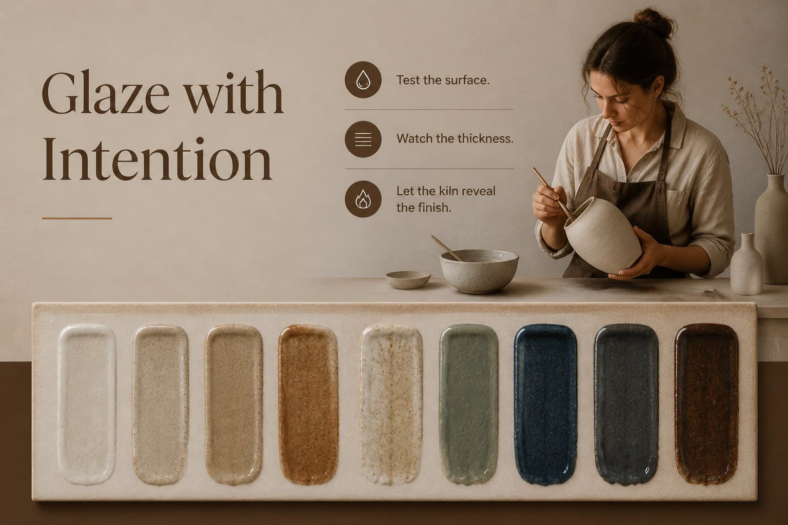 Ceramic technique lesson slide presenting glazing guidance with a warm neutral image and text layout.