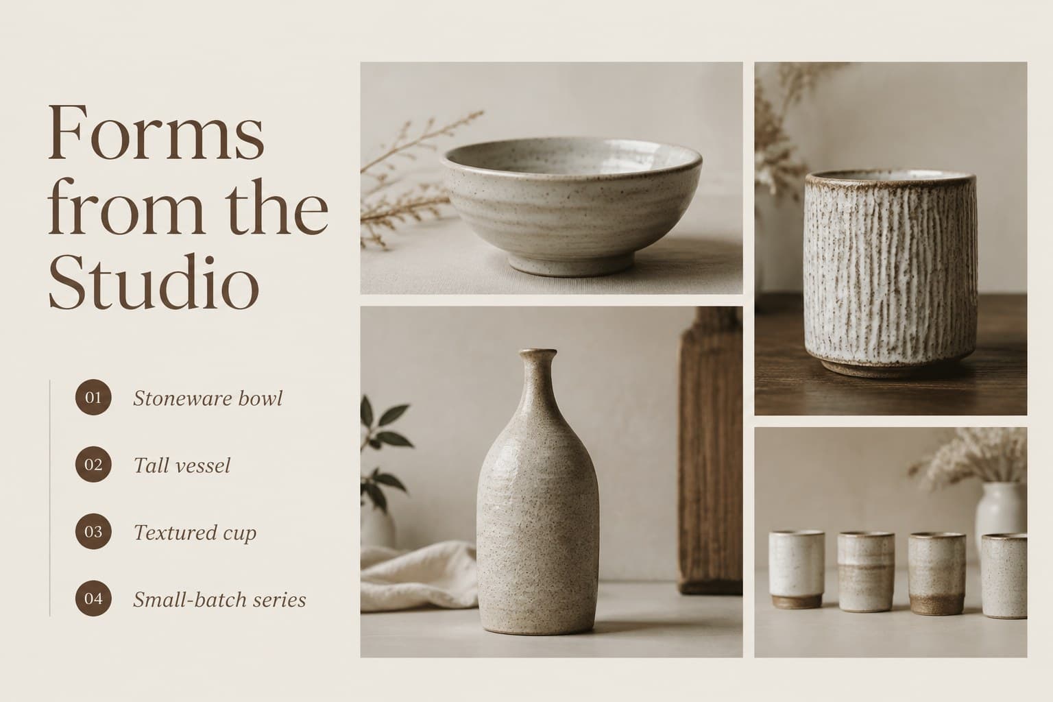 Ceramic artist portfolio slides layout showing a curated collection of finished pottery pieces.