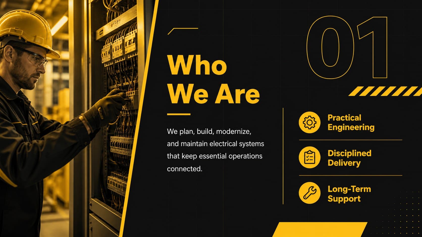 Who we are slide for a power engineering business profile template with mission and operating principles.