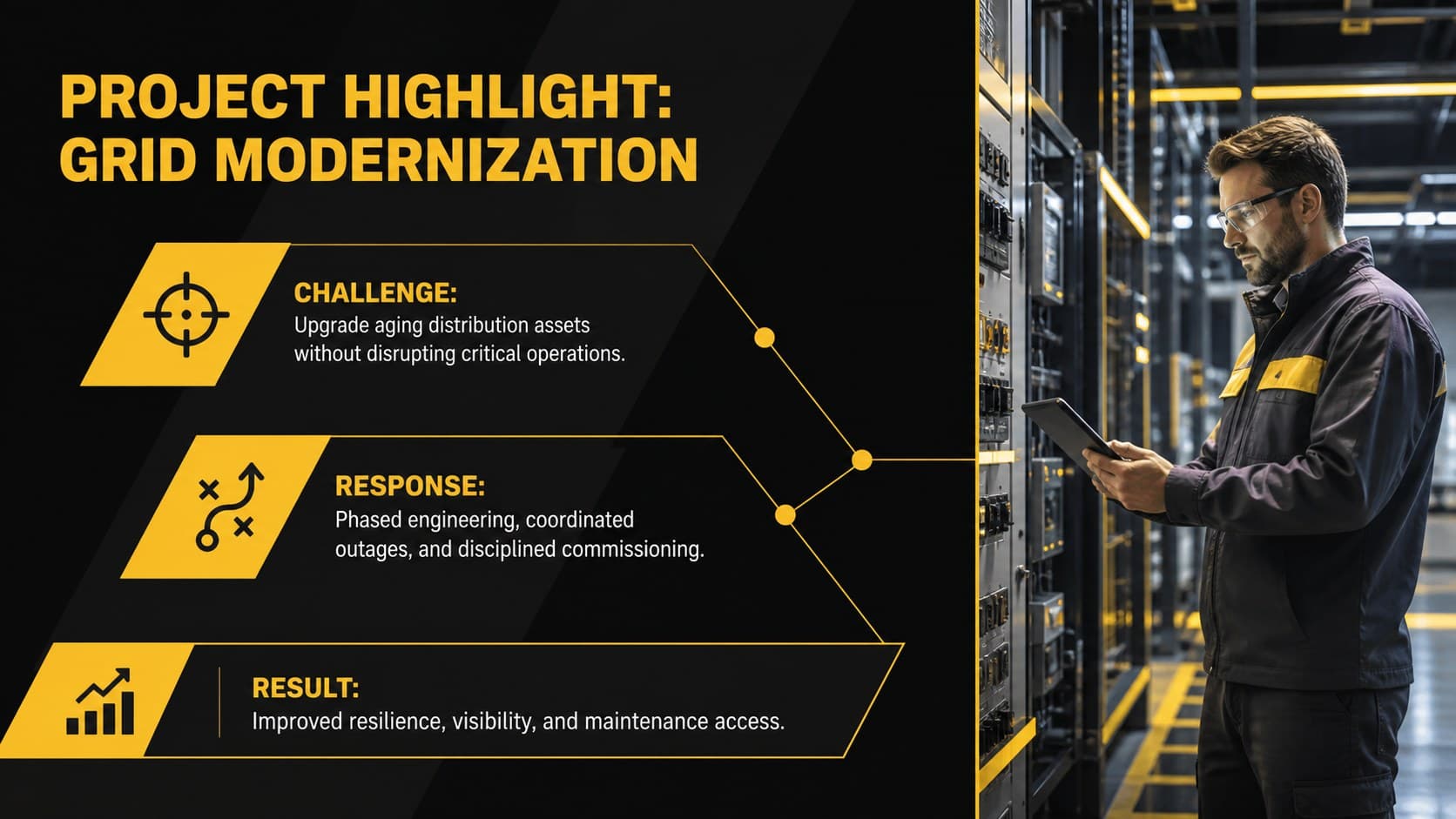 Electrical project portfolio slideshow featuring a grid modernization case study.