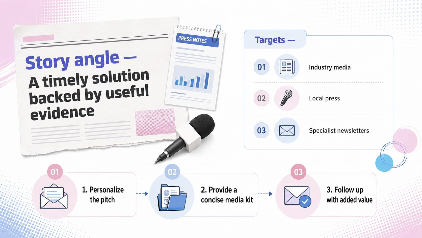 Media Outreach slide organizing story angles, press targets, and follow-up actions for an earned media campaign.
