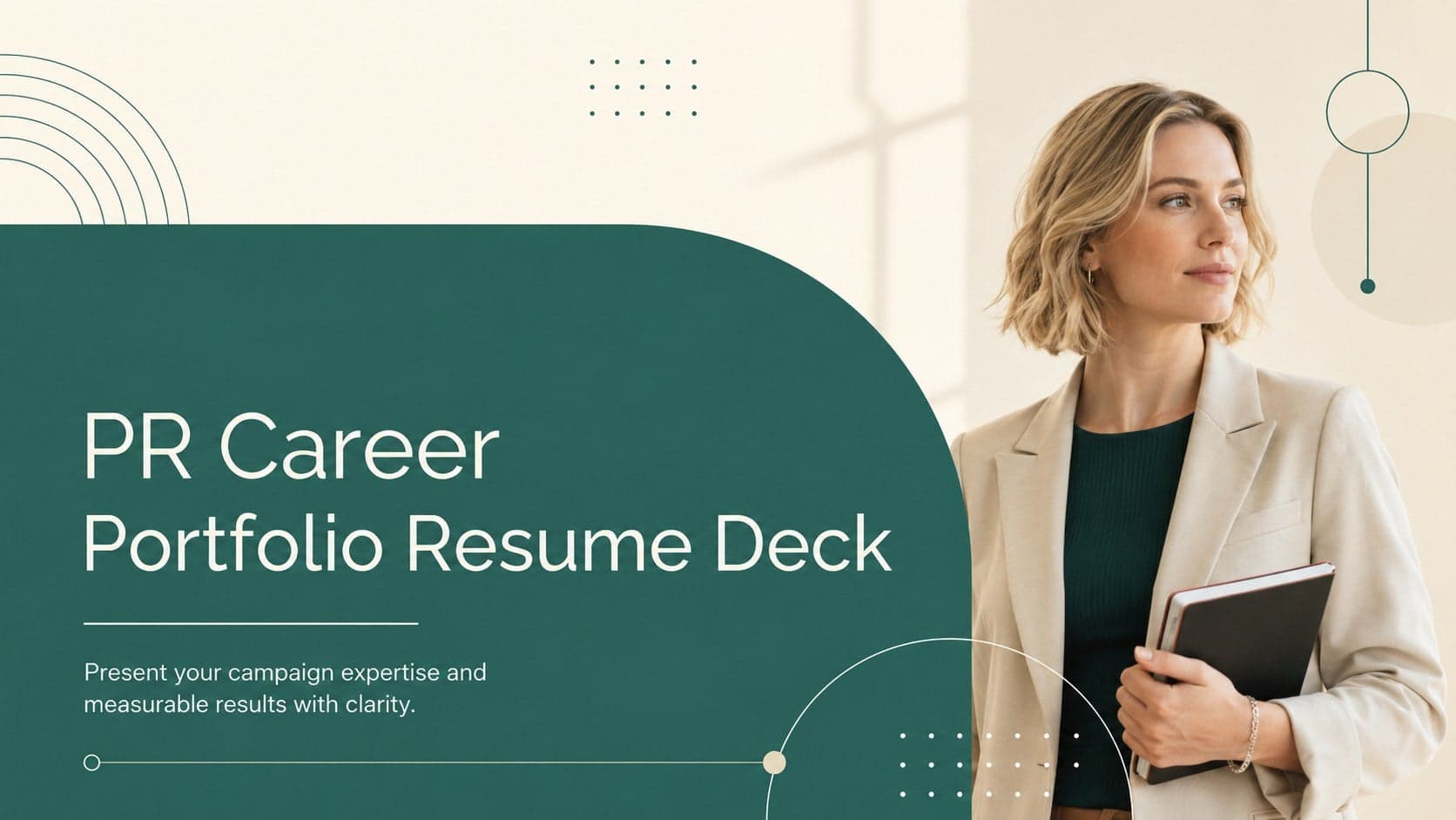 Cover of a minimalist PR career portfolio resume deck in green, beige, and white.