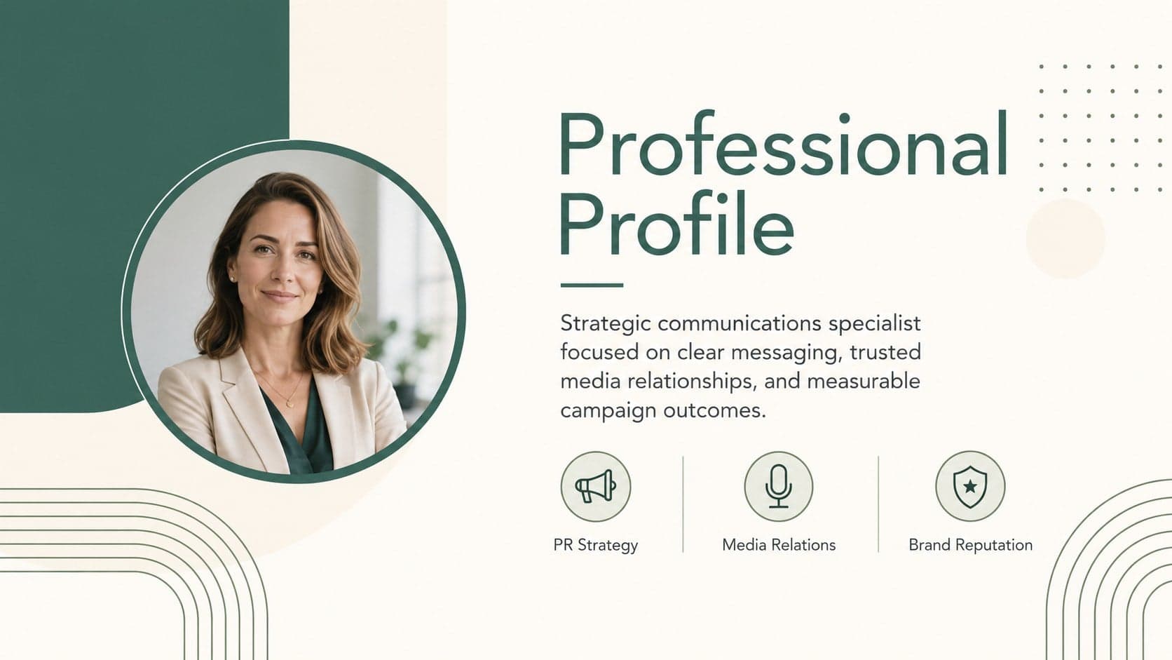 Professional profile slide from a public relations portfolio presentation with a portrait and career summary.