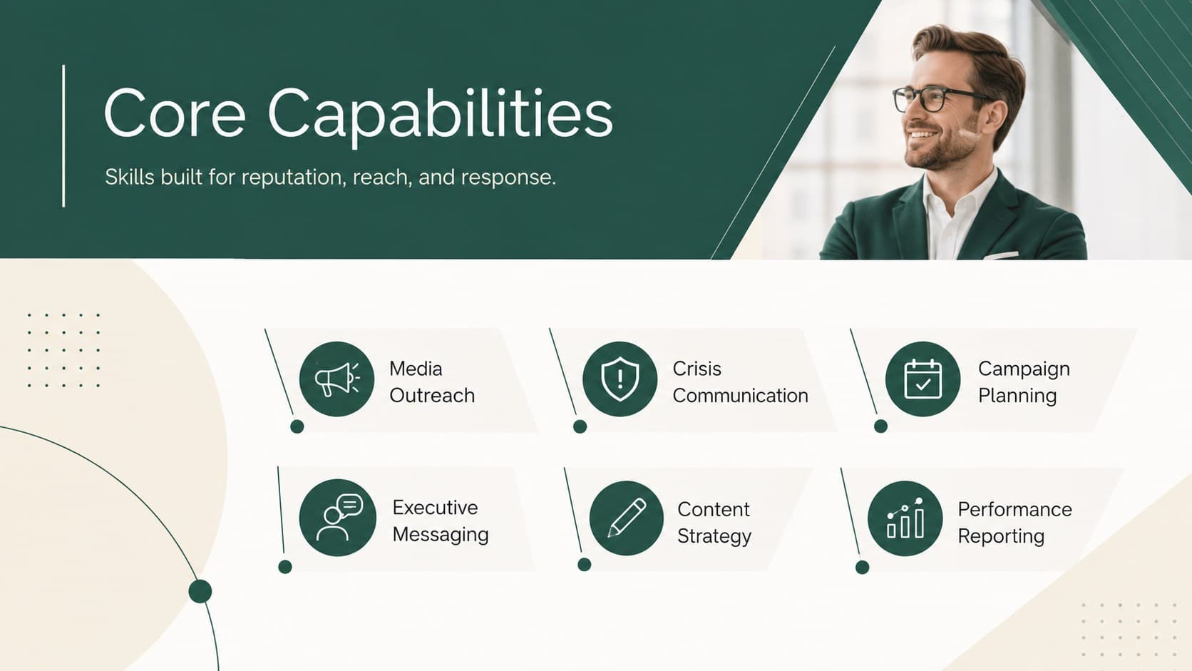 Communications resume presentation template slide listing public relations capabilities and strengths.