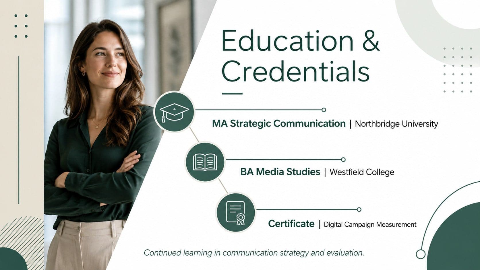 Corporate communications CV presentation slide summarizing education, training, and credentials.