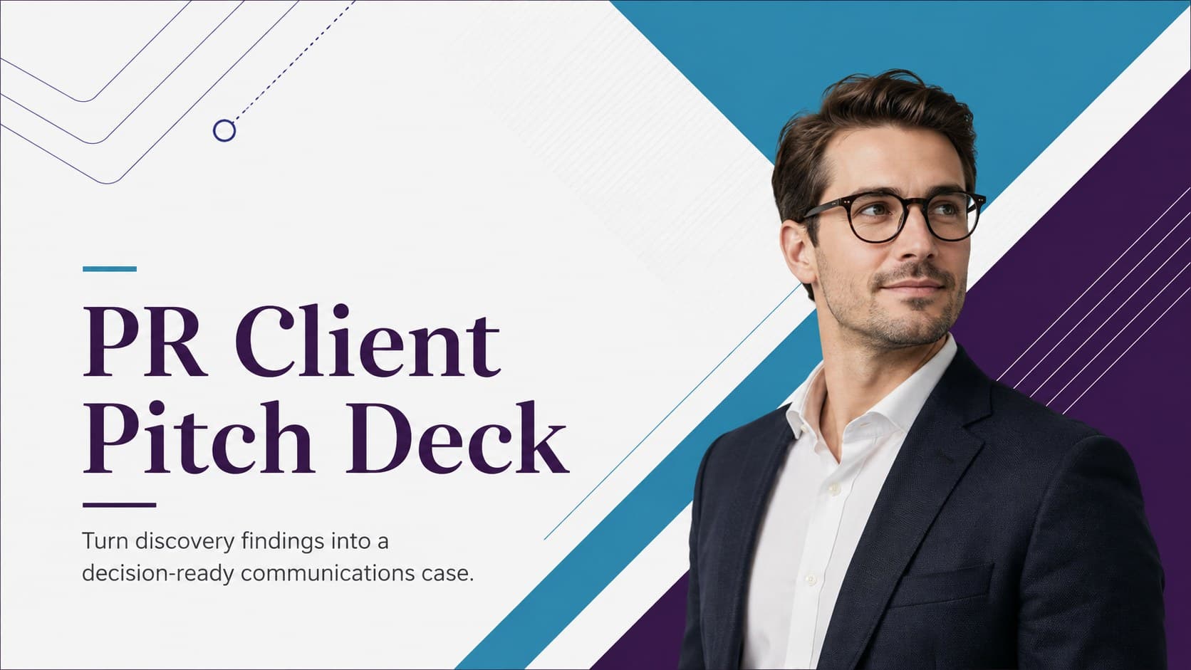 Cover of a PR client pitch deck with a clean violet and blue geometric design.