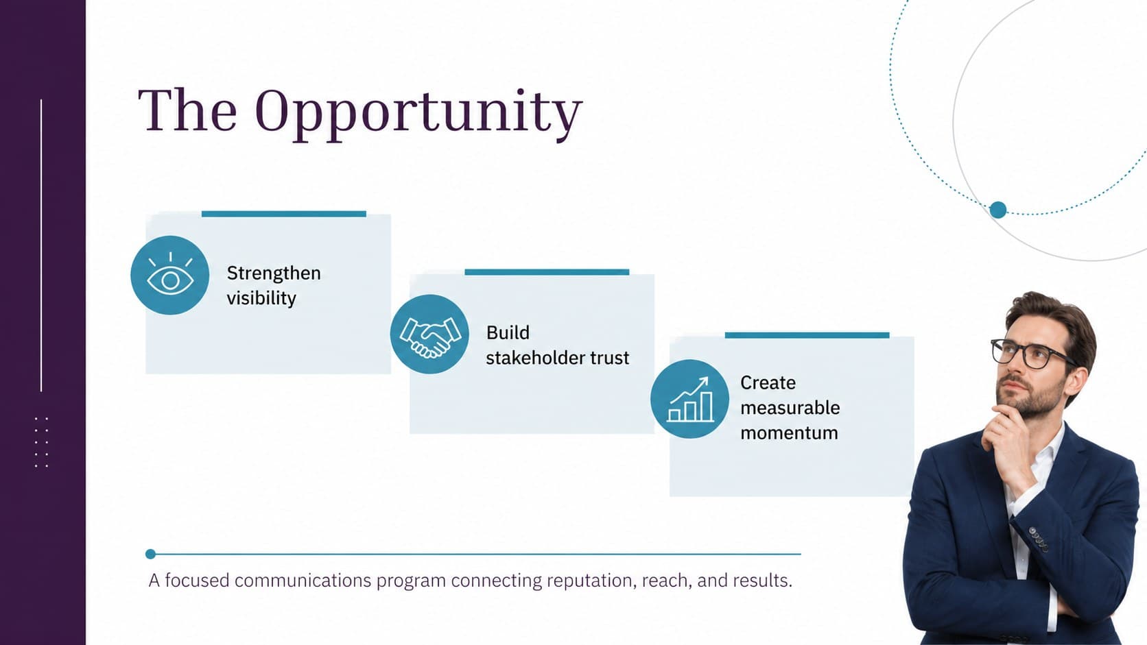 Executive summary layout for a public relations agency pitch deck with three proposal priorities.