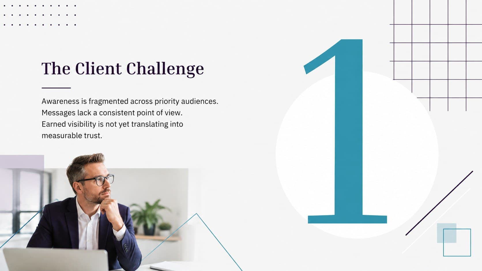 Client challenge analysis slide outlining awareness, clarity, and credibility issues for a communications proposal.
