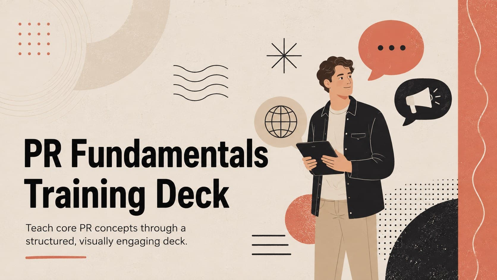 Cover of a PR fundamentals training deck with bold typography and editorial beige, red, and black illustrations.