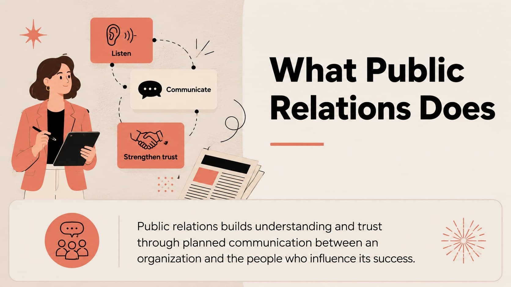 Public relations fundamentals presentation slide defining the role and purpose of PR.