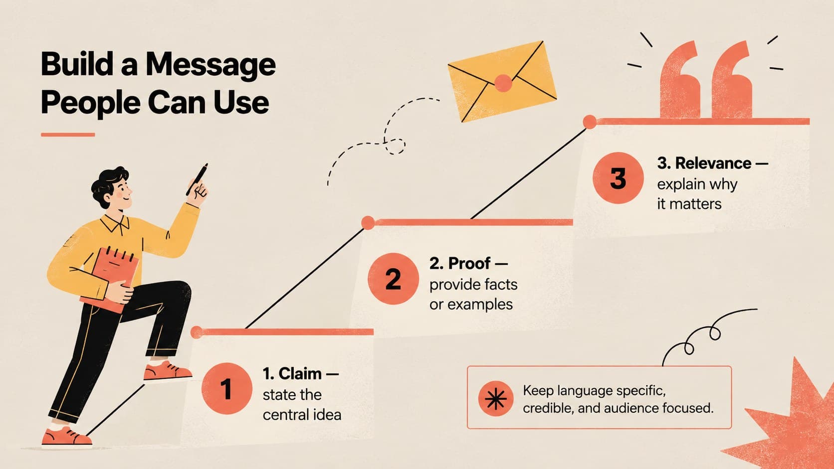 Message development slide for a PR fundamentals training deck with claim, proof, and relevance steps.