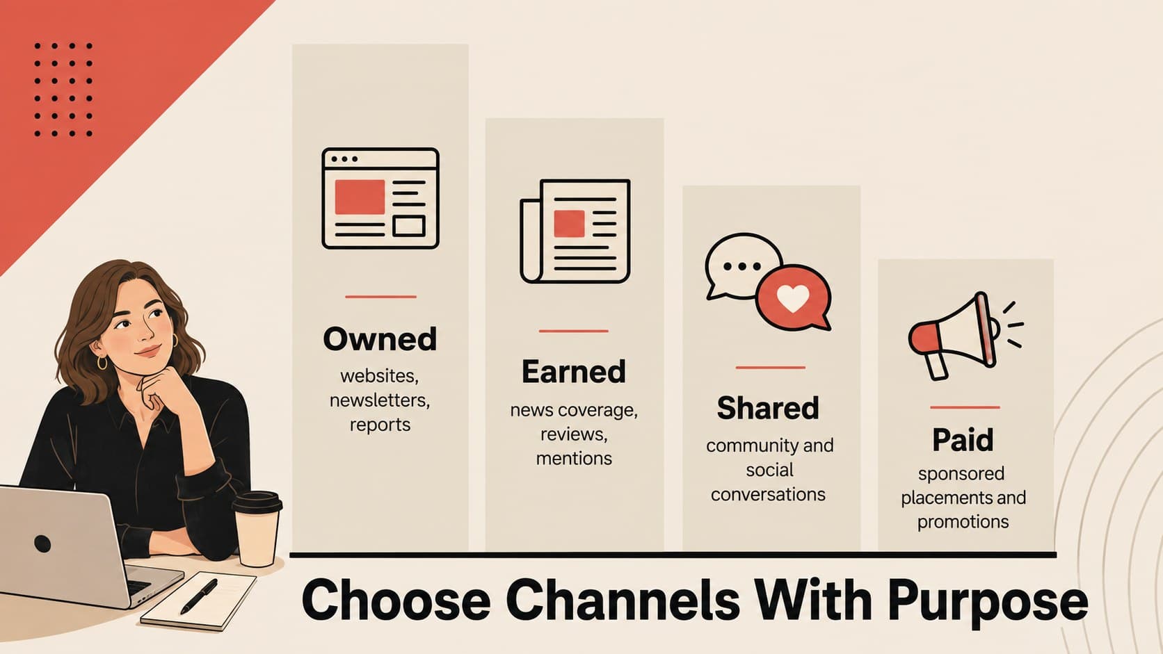 Media relations workshop template slide comparing owned, earned, shared, and paid communication channels.