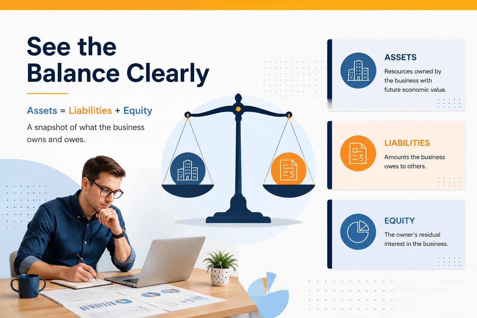 Balance sheet overview slide organizing assets, liabilities, and equity.