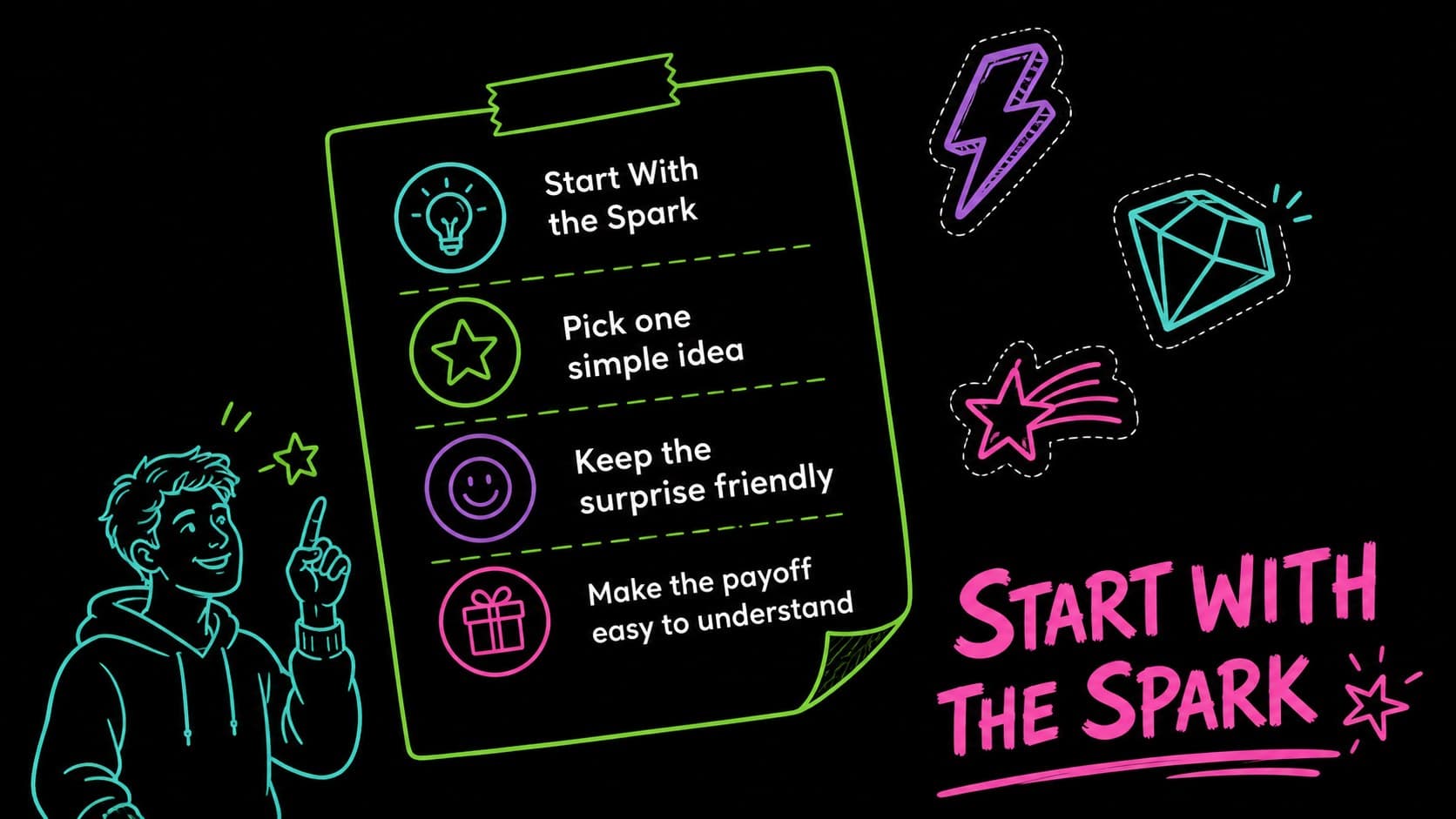 Slide presenting a playful harmless prank concept with neon stickers and comic-style annotations.