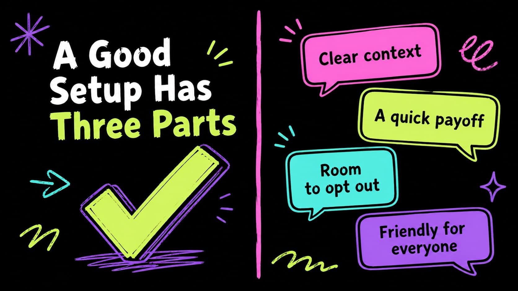 Two-column slide comparing playful prank setups and audience-friendly boundaries.