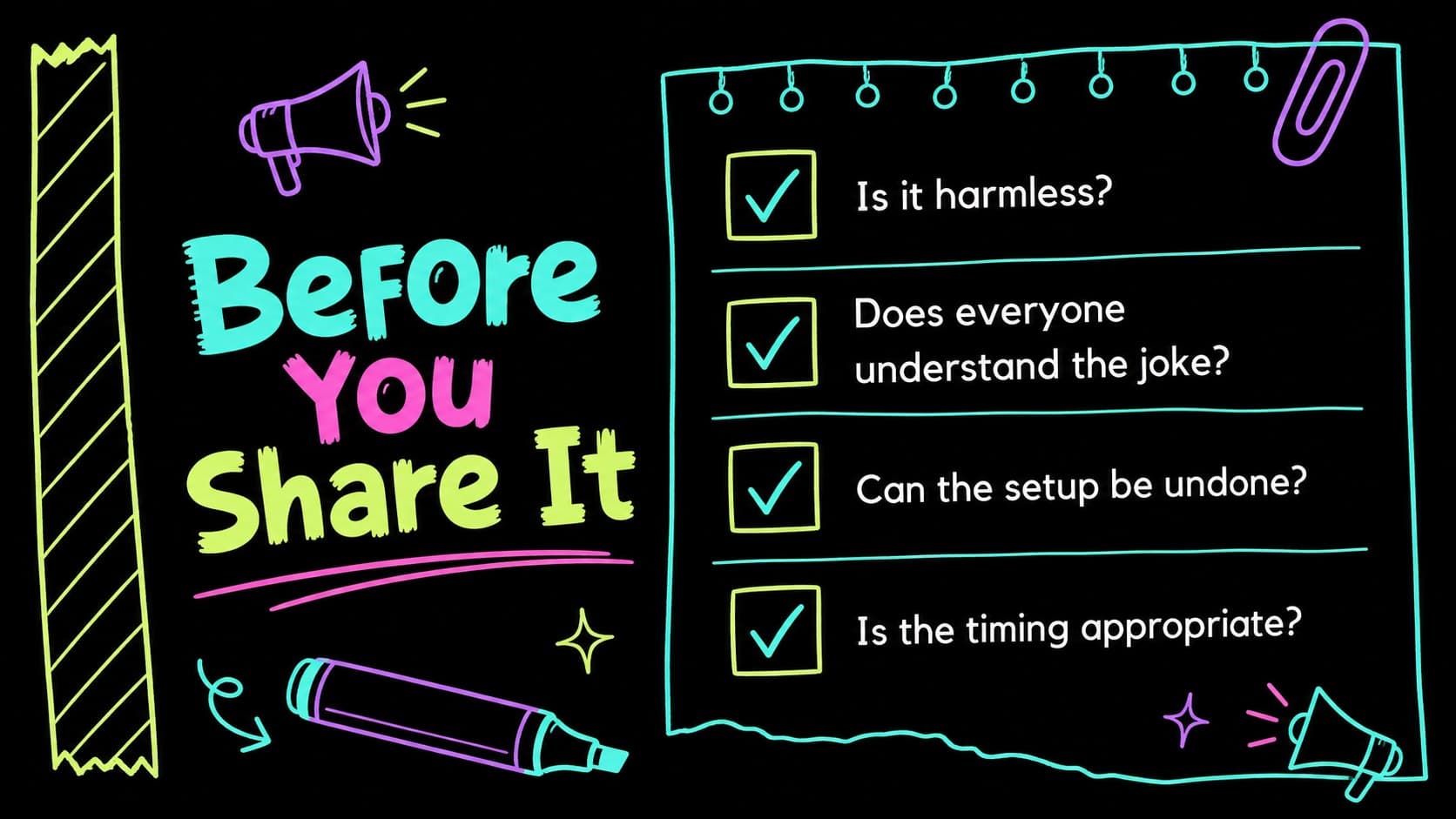Harmless prank planning checklist with neon checkboxes, stars, and black comic-style background.
