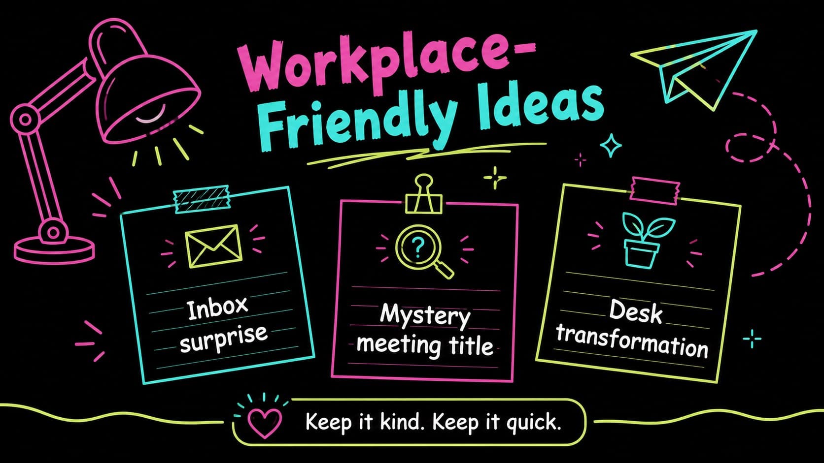 Funny office prank presentation slide with a neon idea board and workplace-friendly joke prompts.