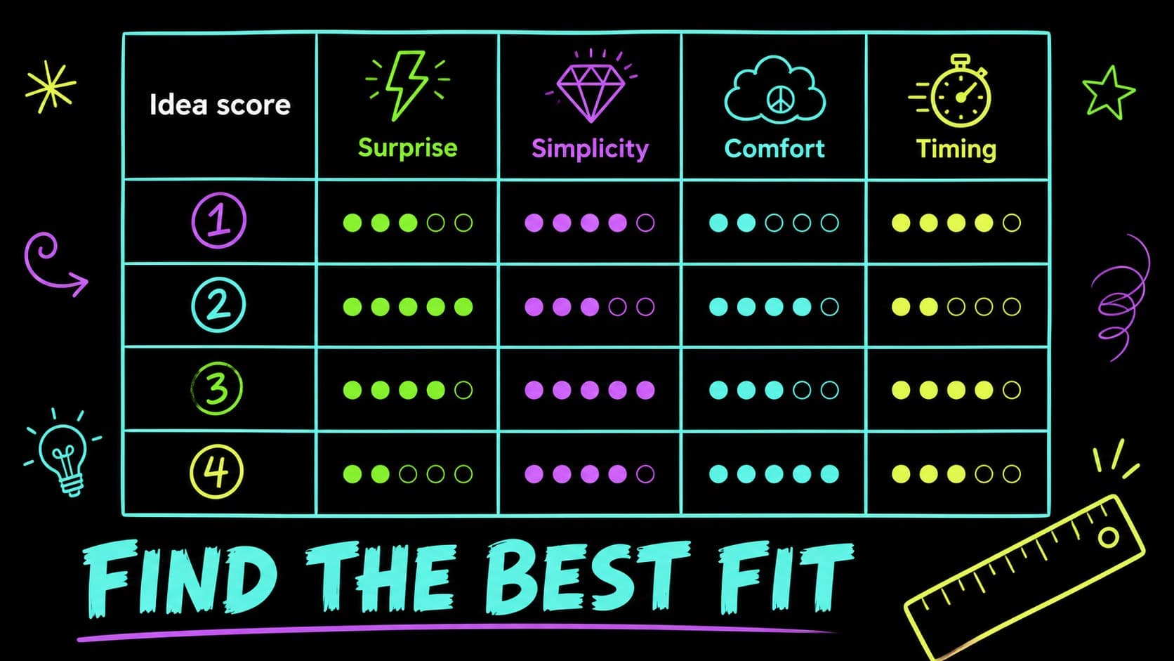Prank idea scoring matrix comparing surprise, simplicity, and audience comfort with neon markers.