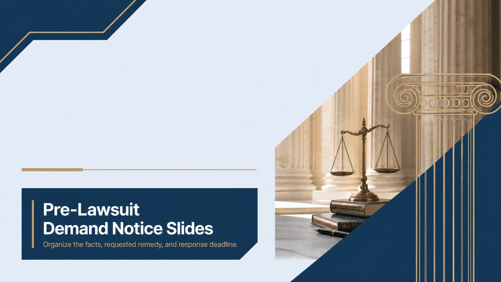 Cover for a Pre-Lawsuit Demand Notice Slides deck in a minimalist blue-and-gold legal style.