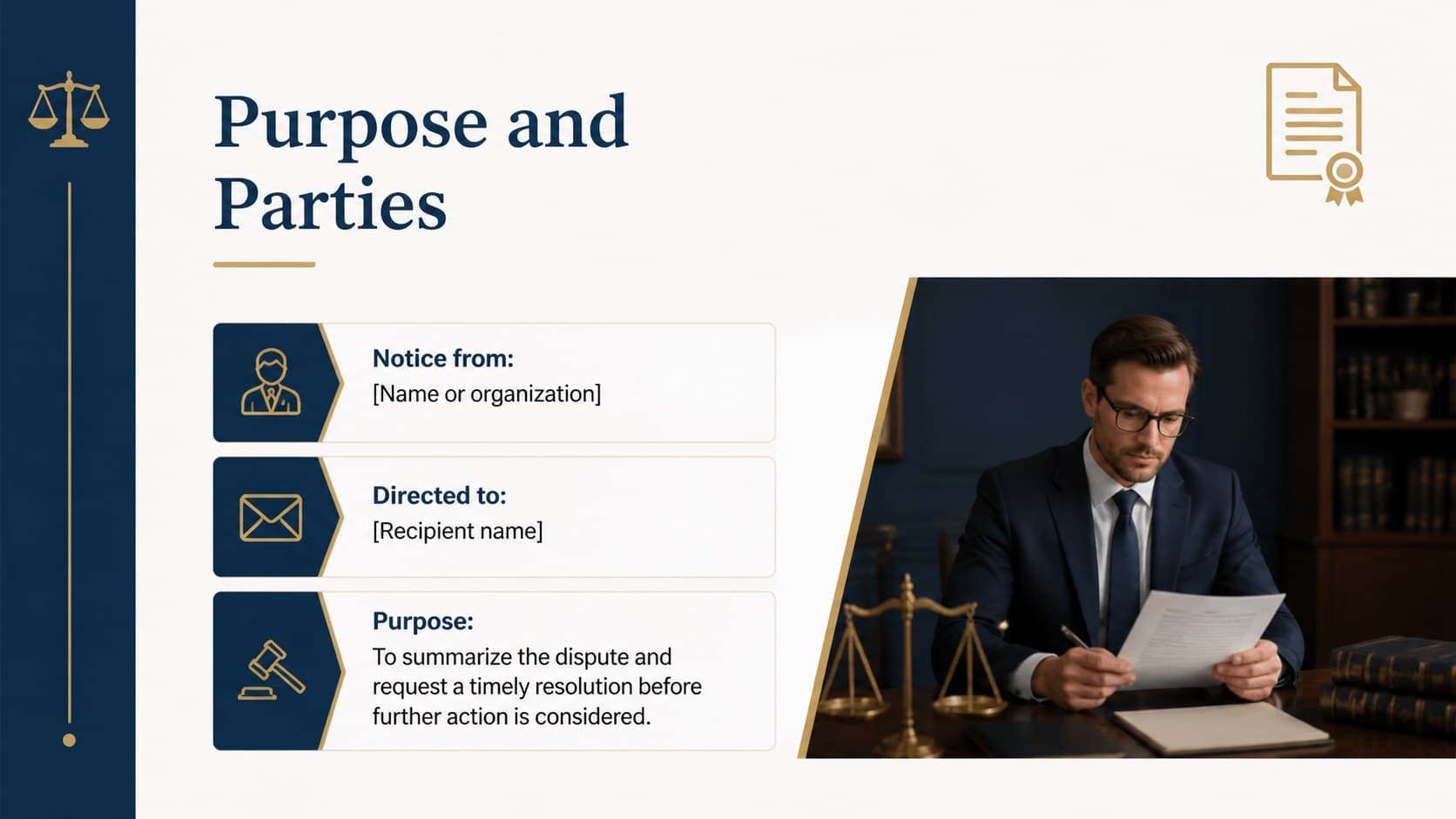 Legal dispute demand deck slide outlining the notice purpose and the parties involved.
