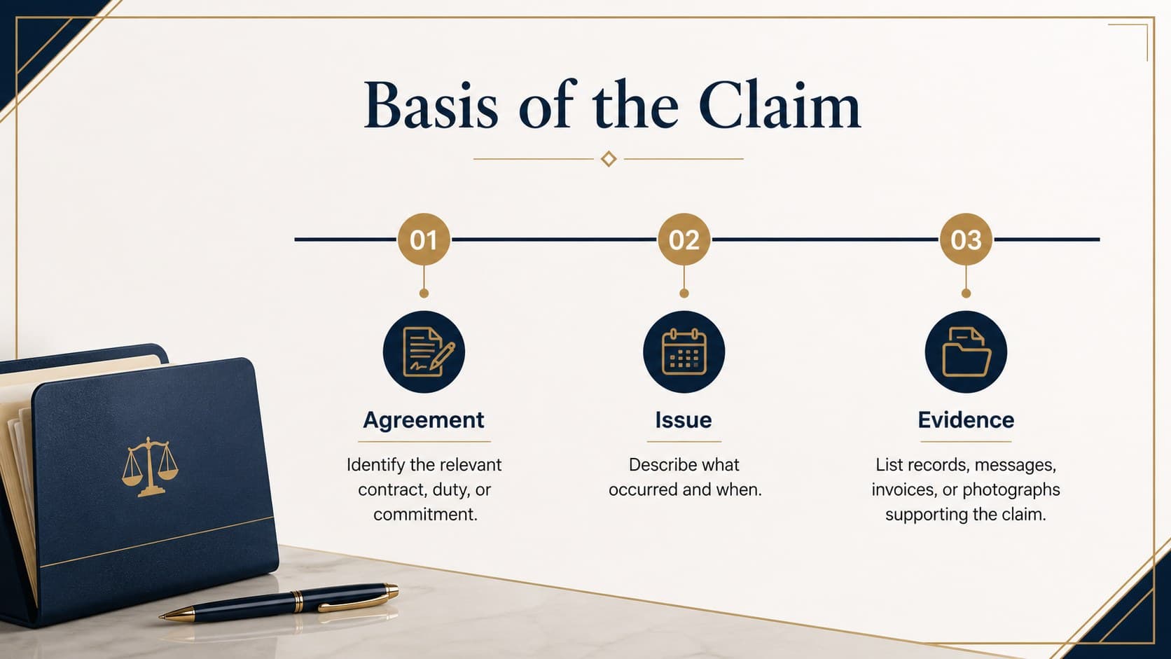 Pre litigation notice presentation slide summarizing the background, claim basis, and supporting records.