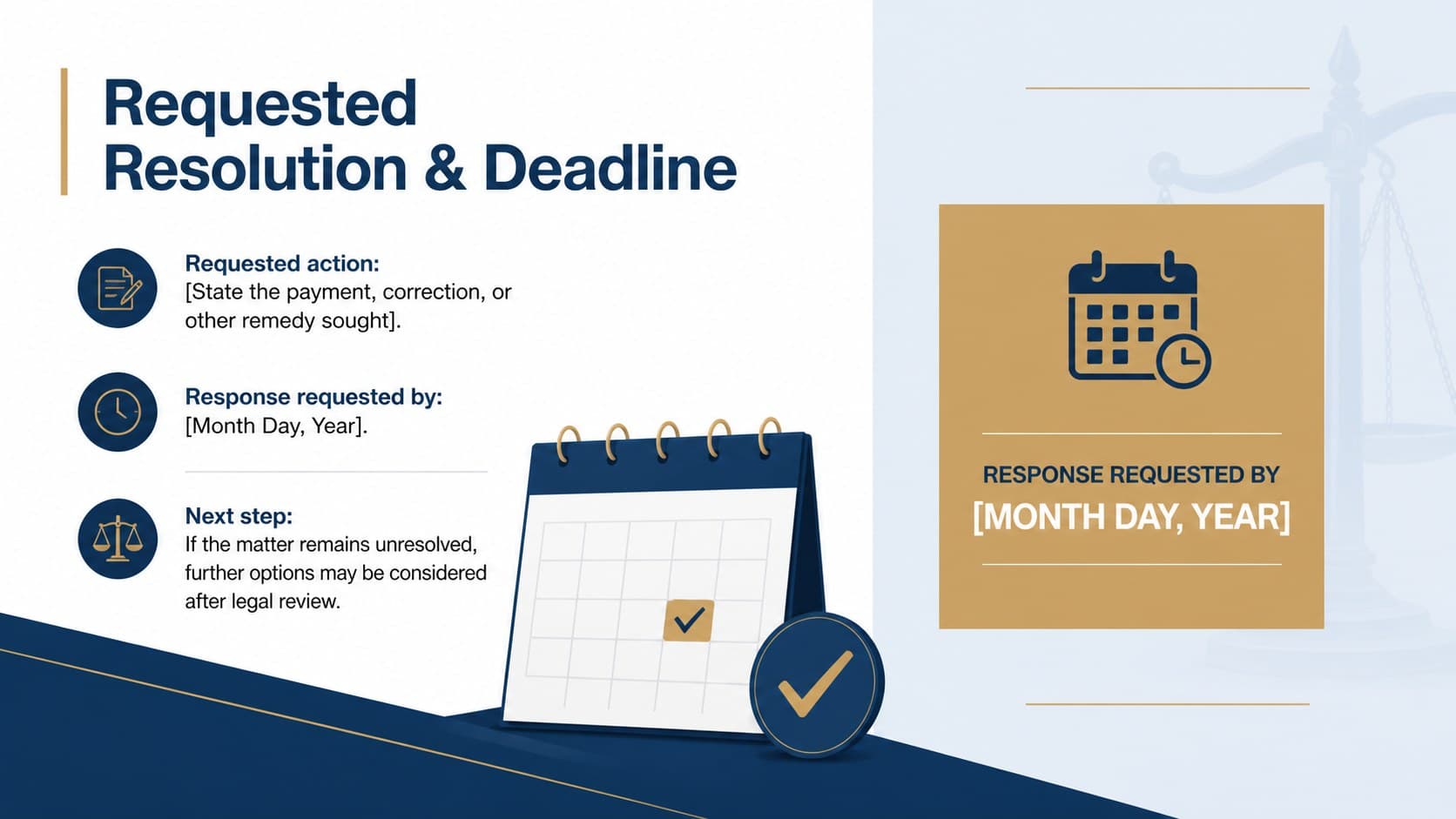 Settlement deadline presentation slide showing the requested resolution, response date, and next steps.