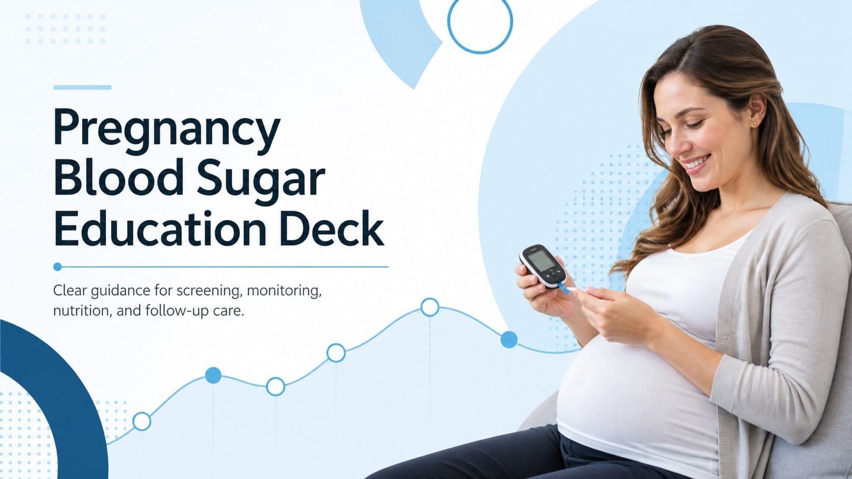 Cover of the Pregnancy Blood Sugar Education Deck in a modern blue, white, and black medical style.