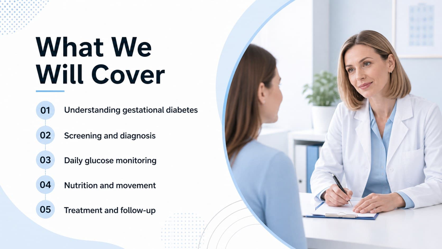 Agenda slide outlining major topics in a gestational diabetes patient education presentation.