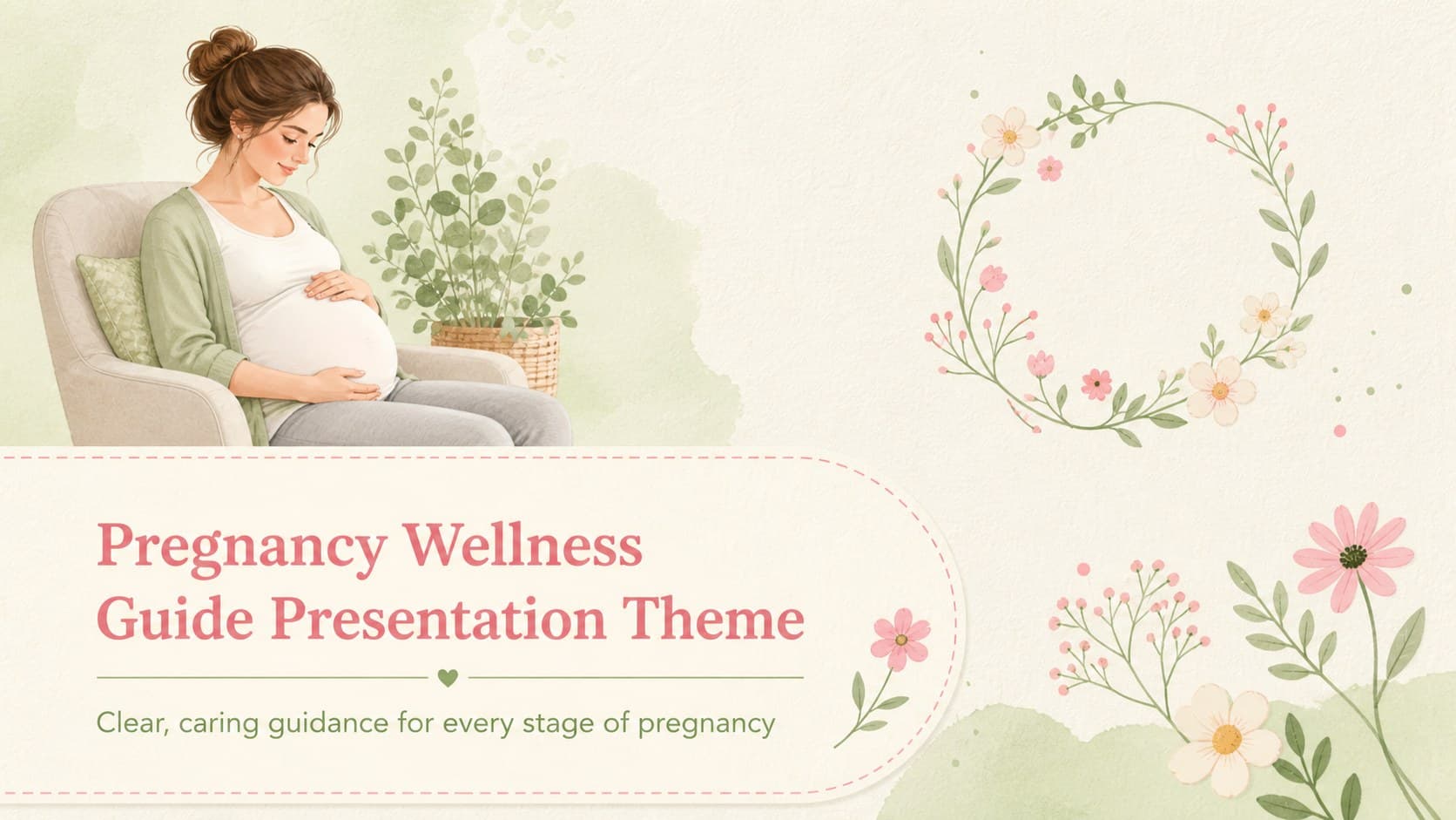 Pastel illustrated cover introducing a pregnancy wellness presentation theme with floral doodles and a calm green and pink palette.