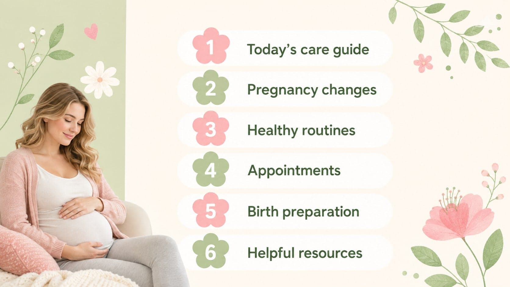 Pregnancy wellness presentation theme agenda slide outlining key prenatal care topics with pastel botanical accents.