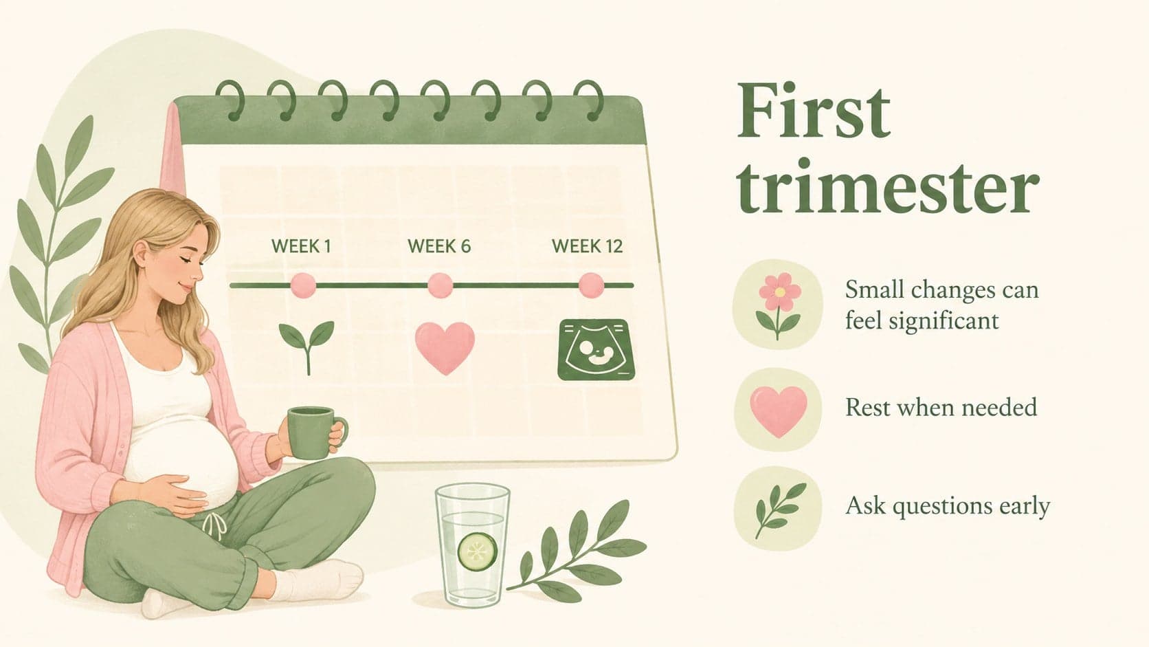 Illustrated pregnancy education slideshow page explaining changing needs across the first trimester.