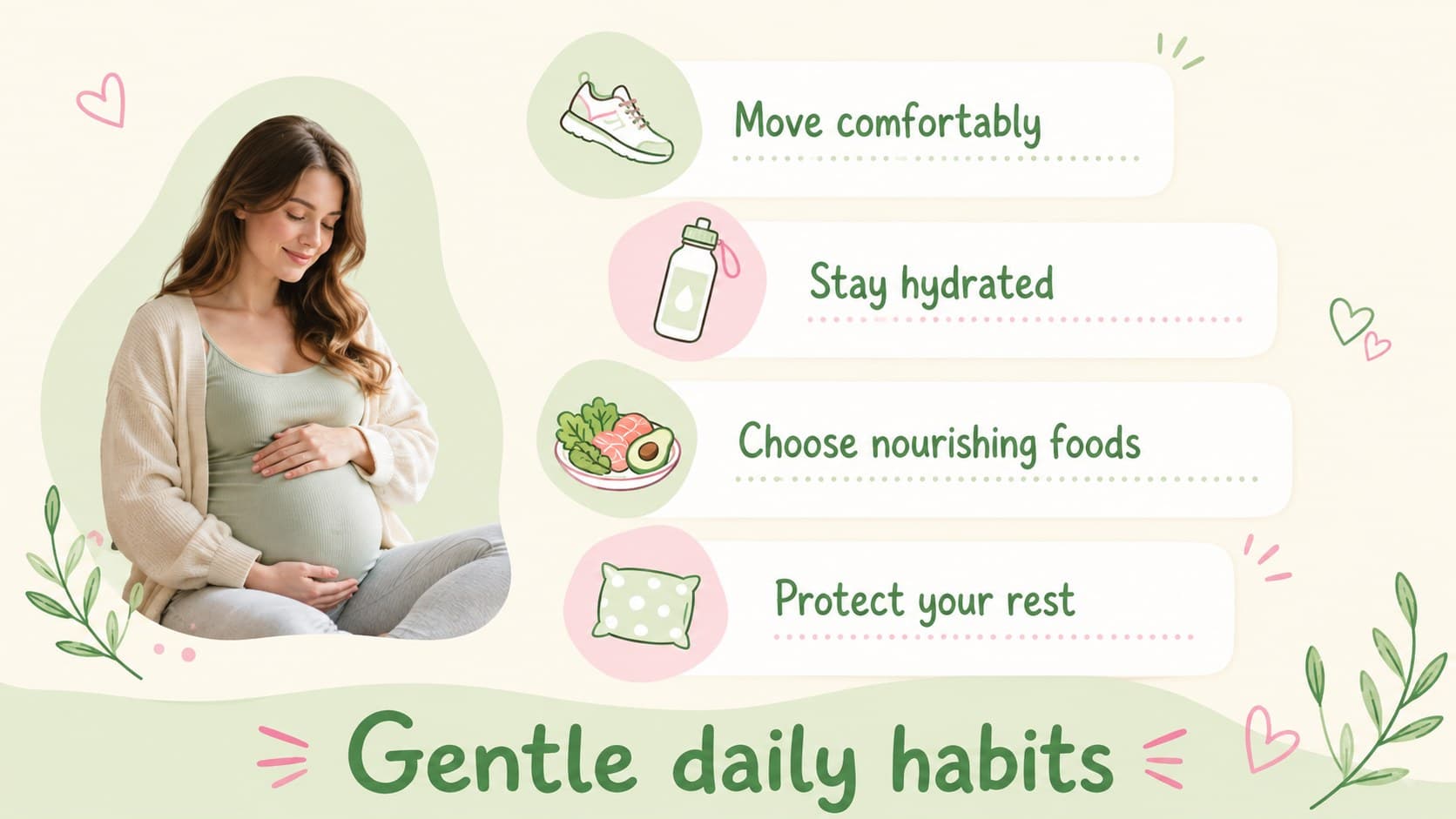 Maternal wellness presentation slide presenting simple daily habits with illustrated icons and soft floral details.