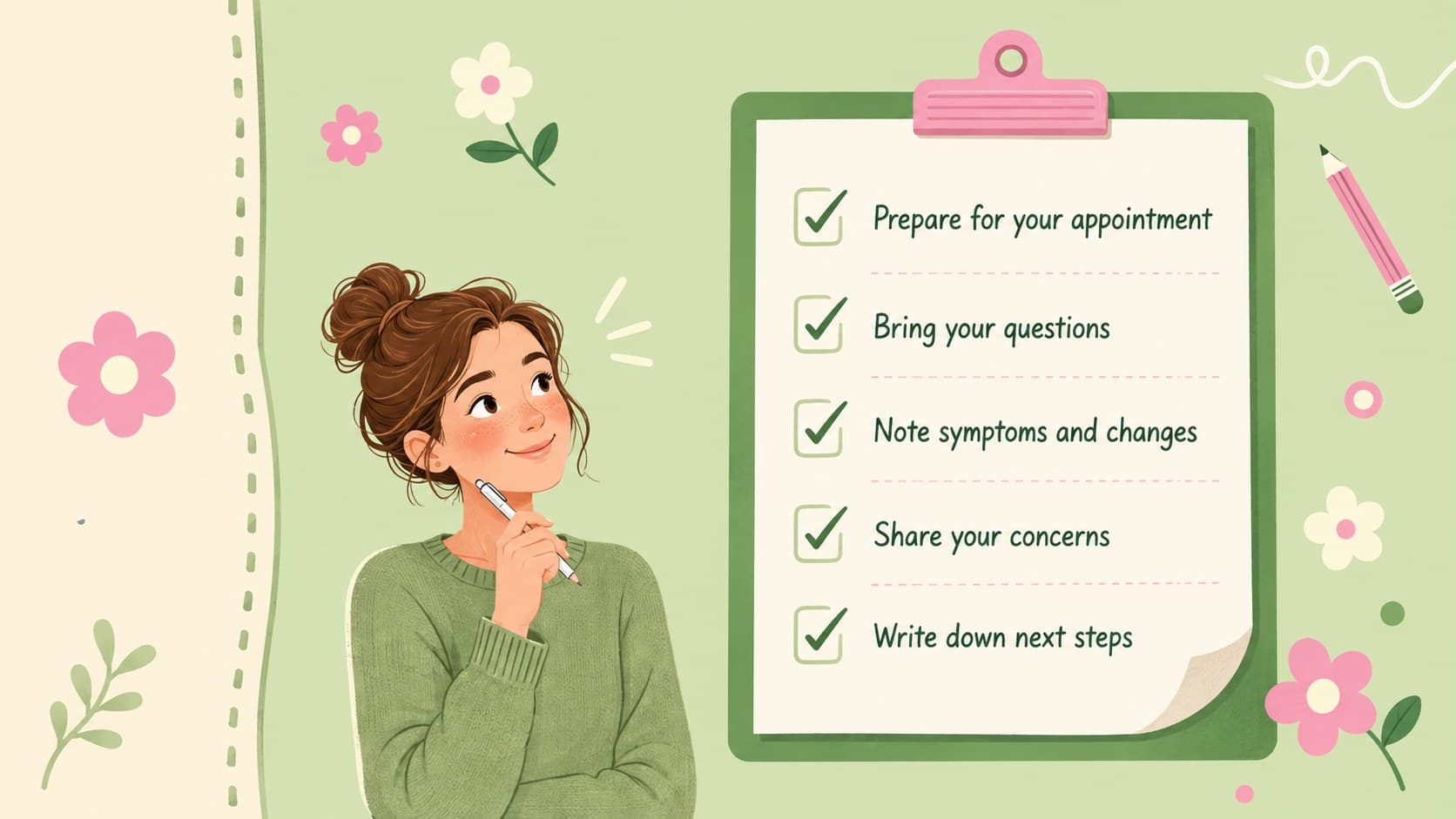 Pregnancy health workshop slide with a checklist for preparing questions before a prenatal appointment.