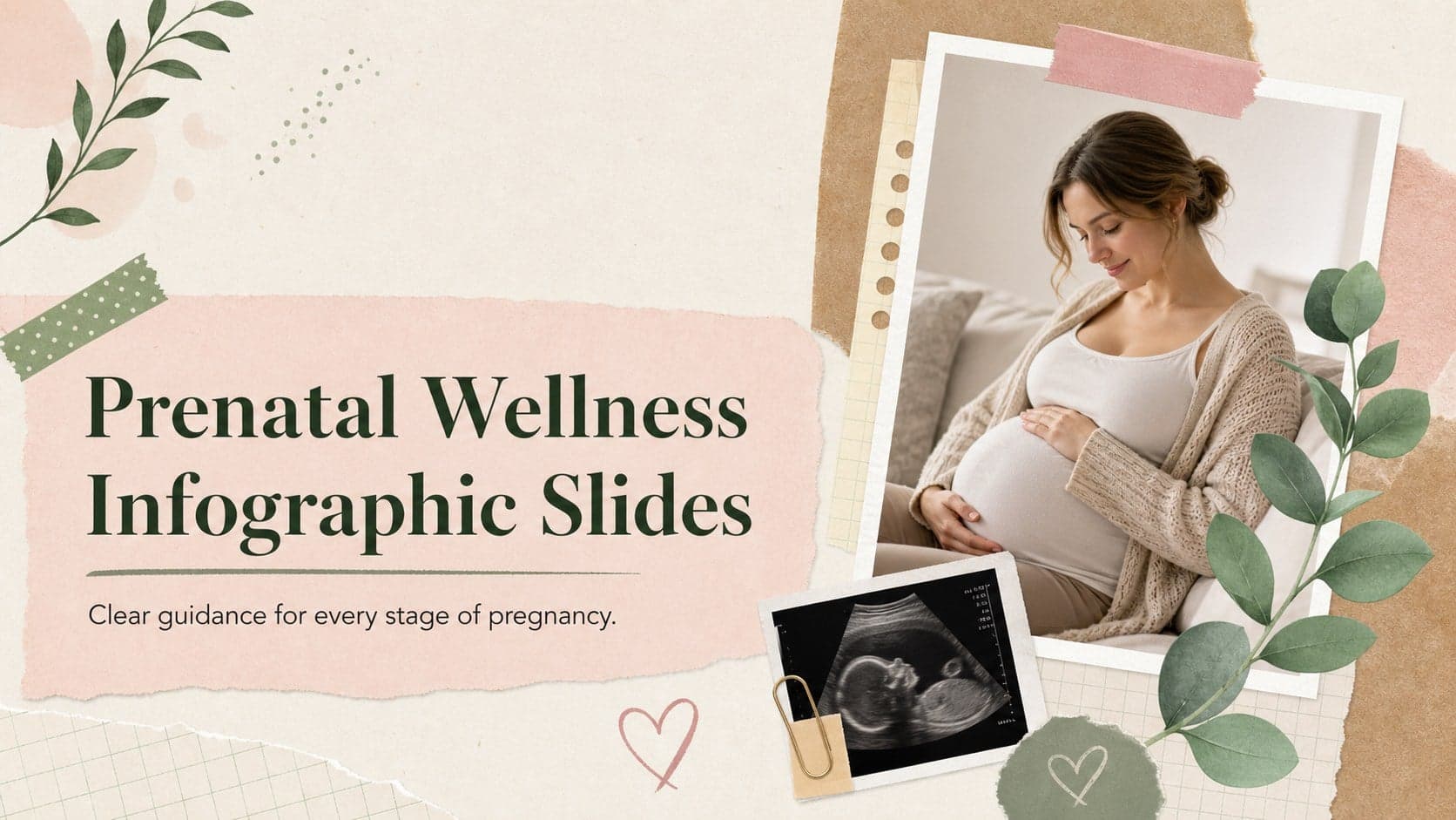 Cover for Prenatal Wellness Infographic Slides featuring a soft beige, pink, and green pregnancy health collage.