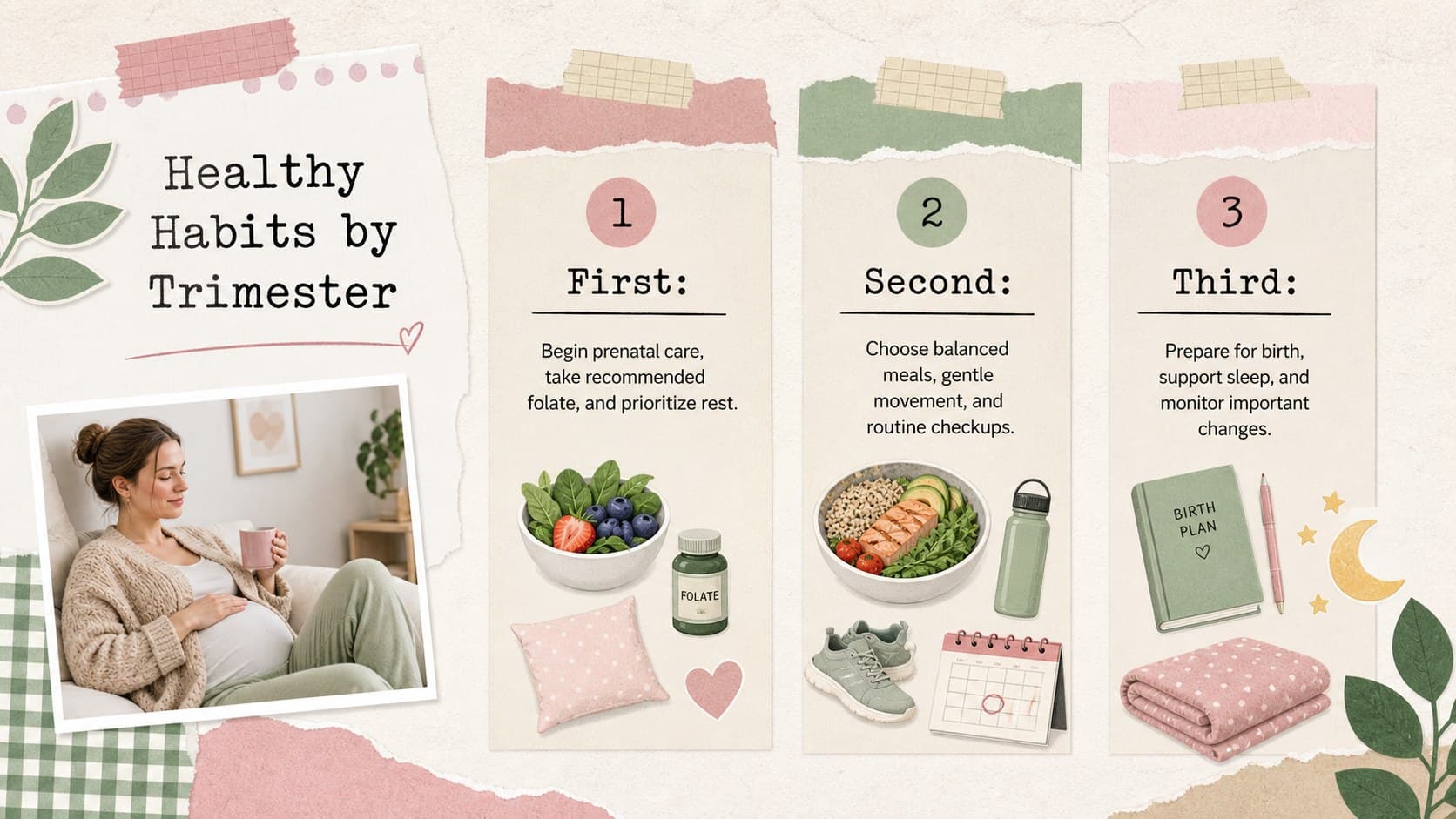 Pregnancy wellness infographic template showing healthy habits organized across the three trimesters.