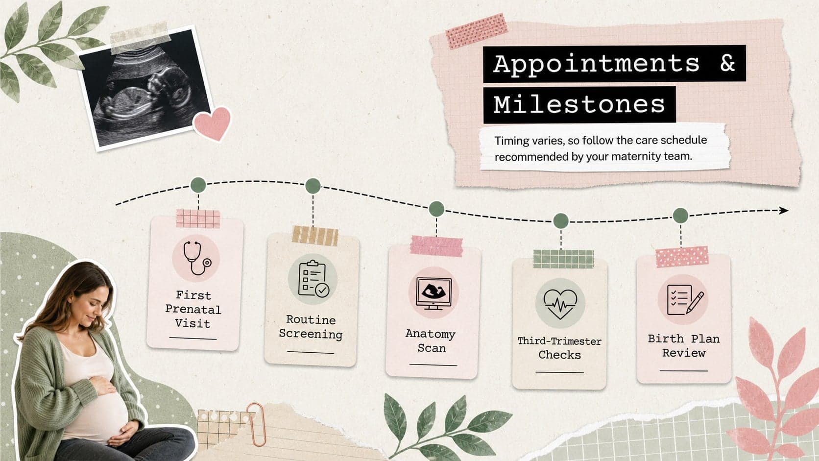 Prenatal health education presentation slide with an illustrated timeline of appointments and pregnancy milestones.