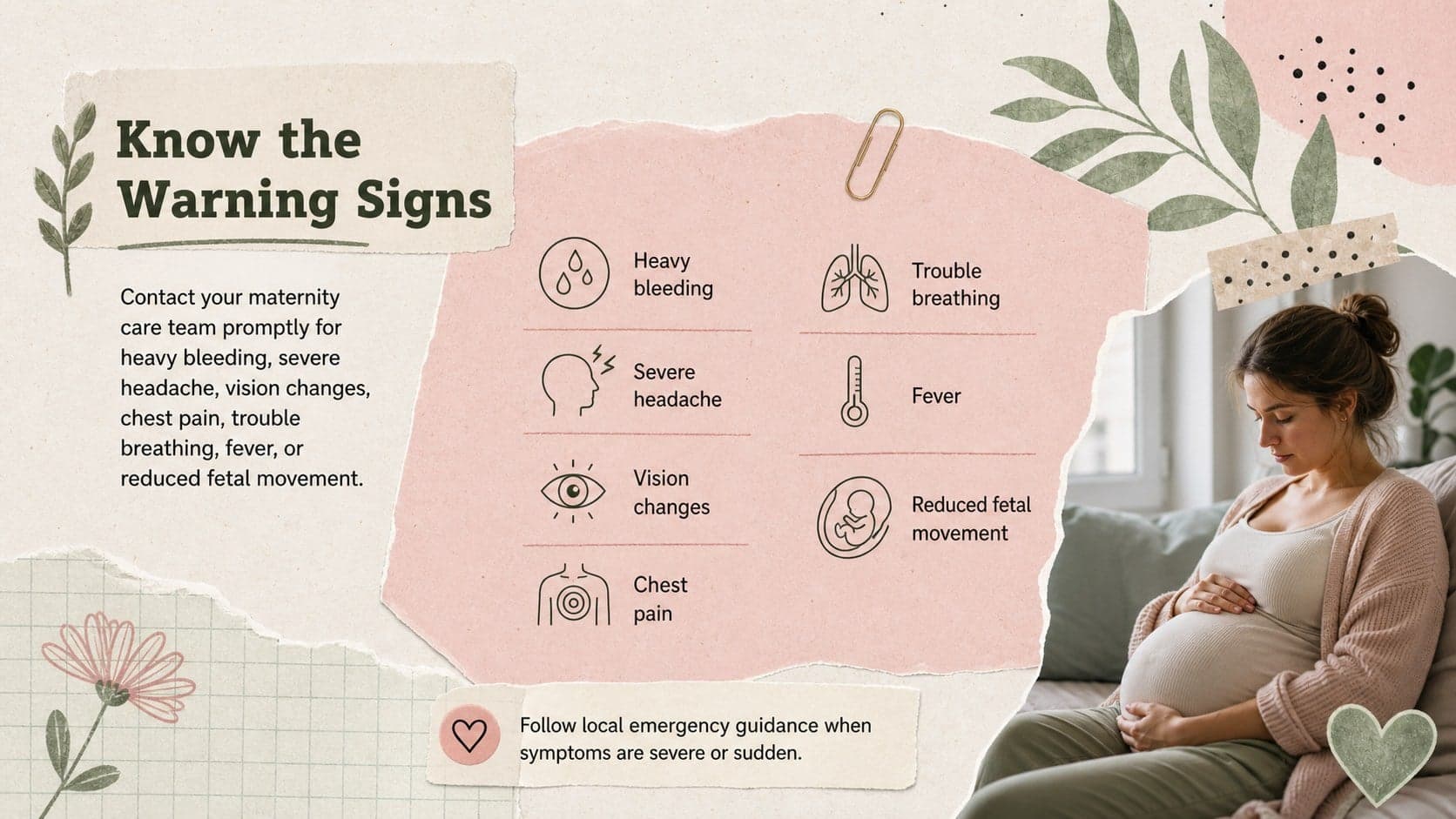 Pregnancy warning signs presentation slide listing symptoms that require prompt maternity care.