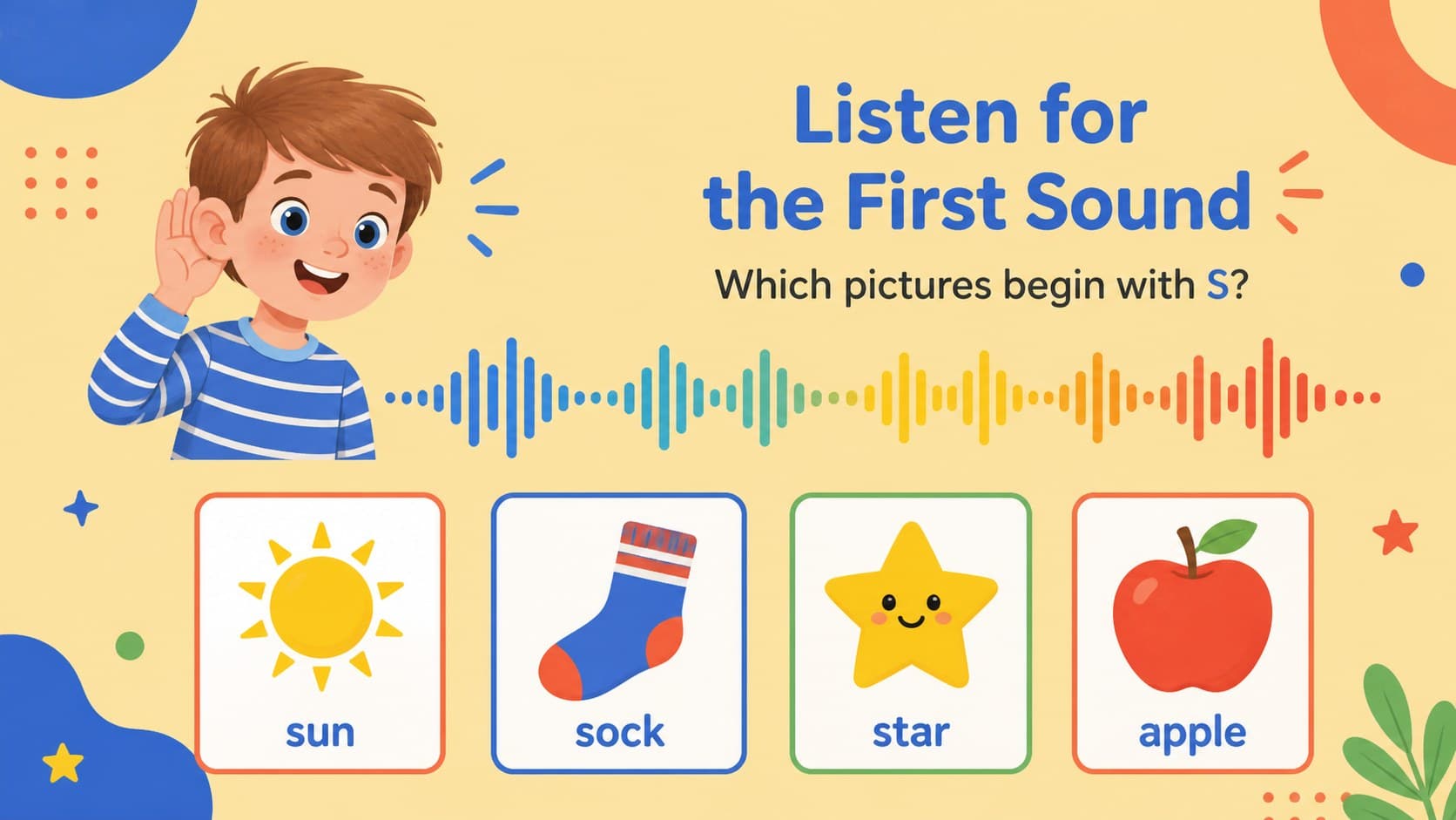 Phonics practice slide pairing beginning sounds with colorful picture clues for preschool alphabet instruction.