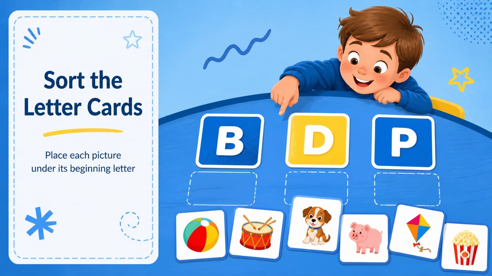 Alphabet sorting game slide showing a playful early literacy challenge with letter cards and picture prompts.