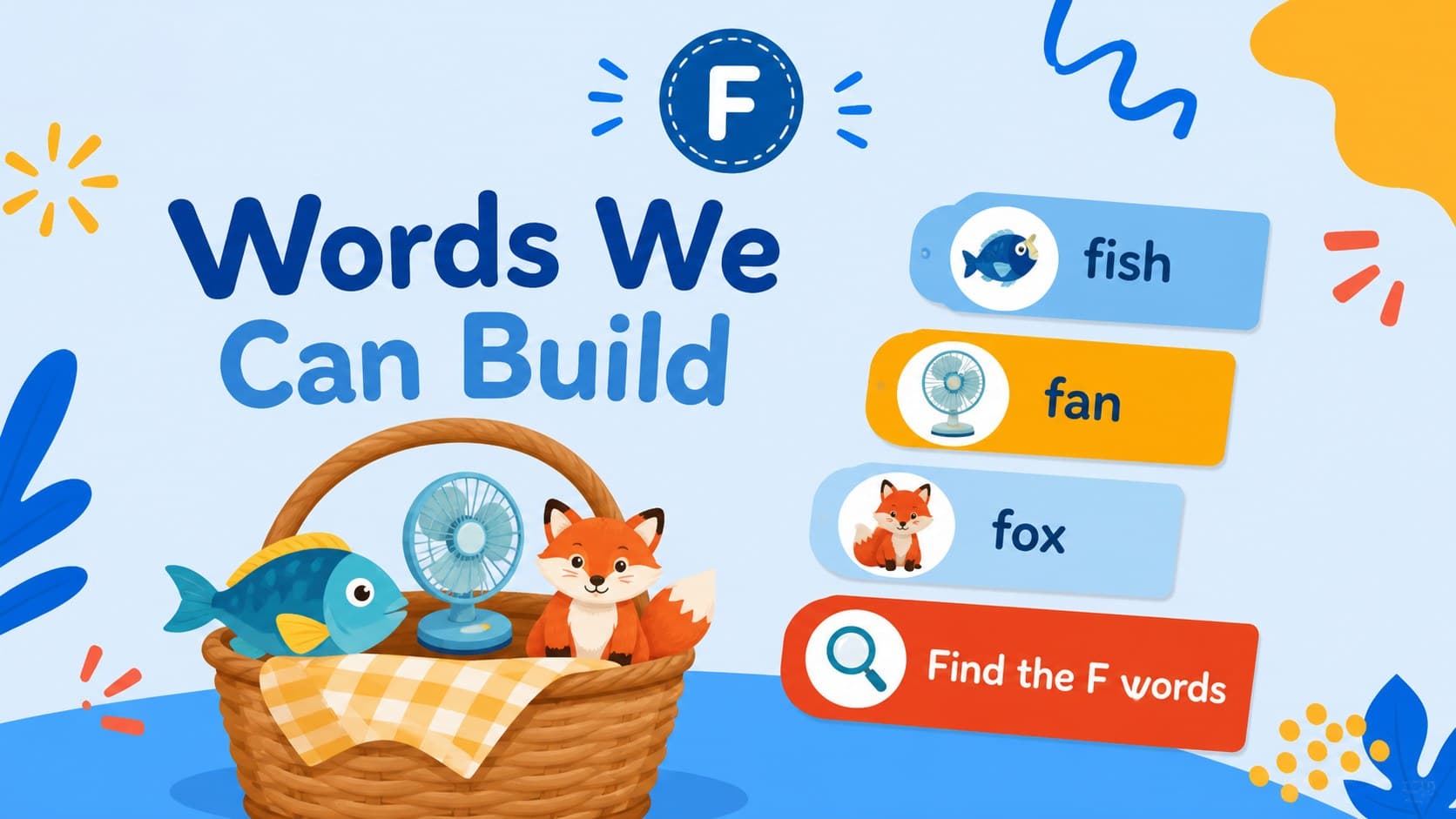 Preschool vocabulary slide presenting simple object names and letter connections in a bright blue educational style.