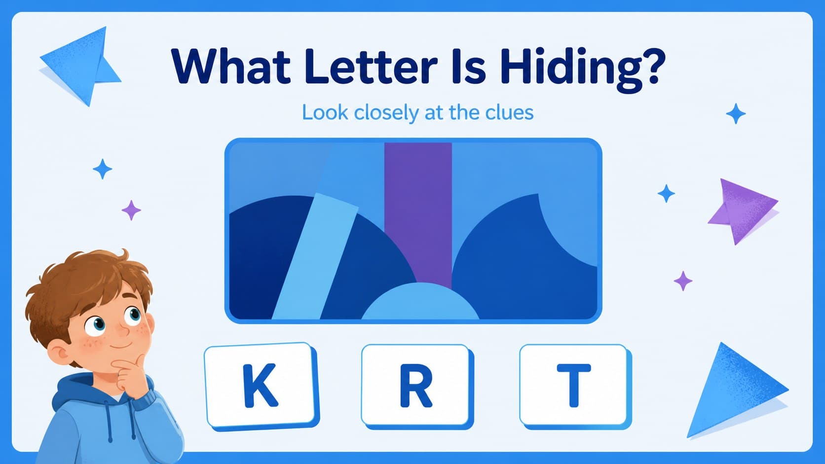 Interactive alphabet game slide inviting preschool children to identify a hidden letter among colorful visual clues.
