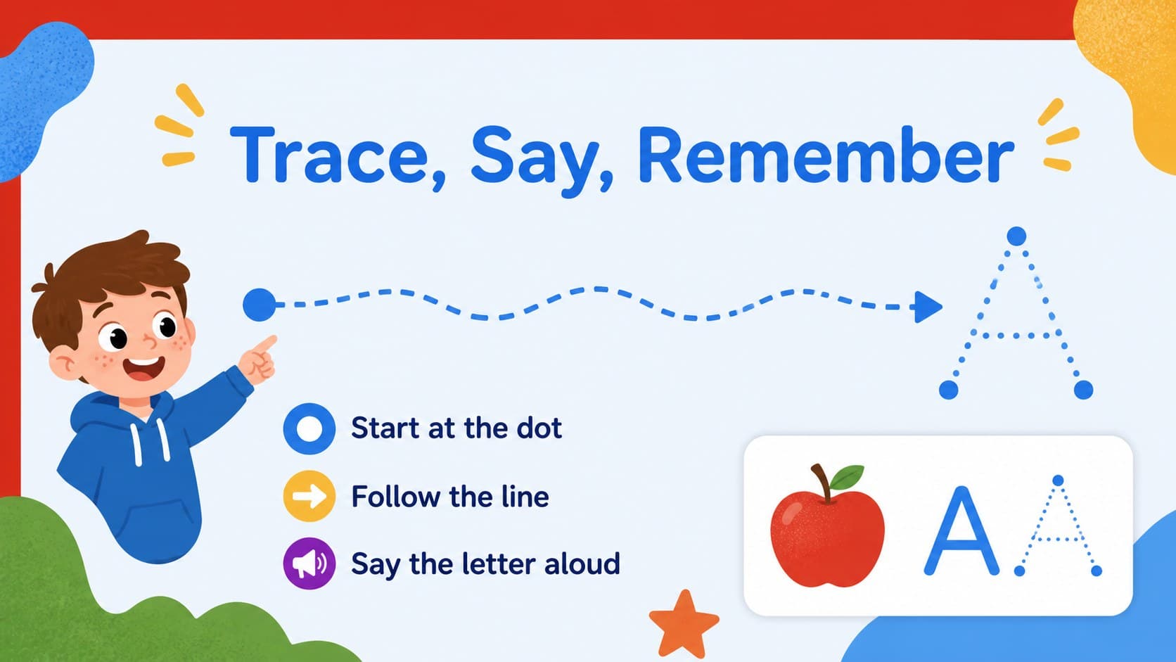 Letter tracing practice slide with large alphabet guides and a simple handwriting activity for young learners.