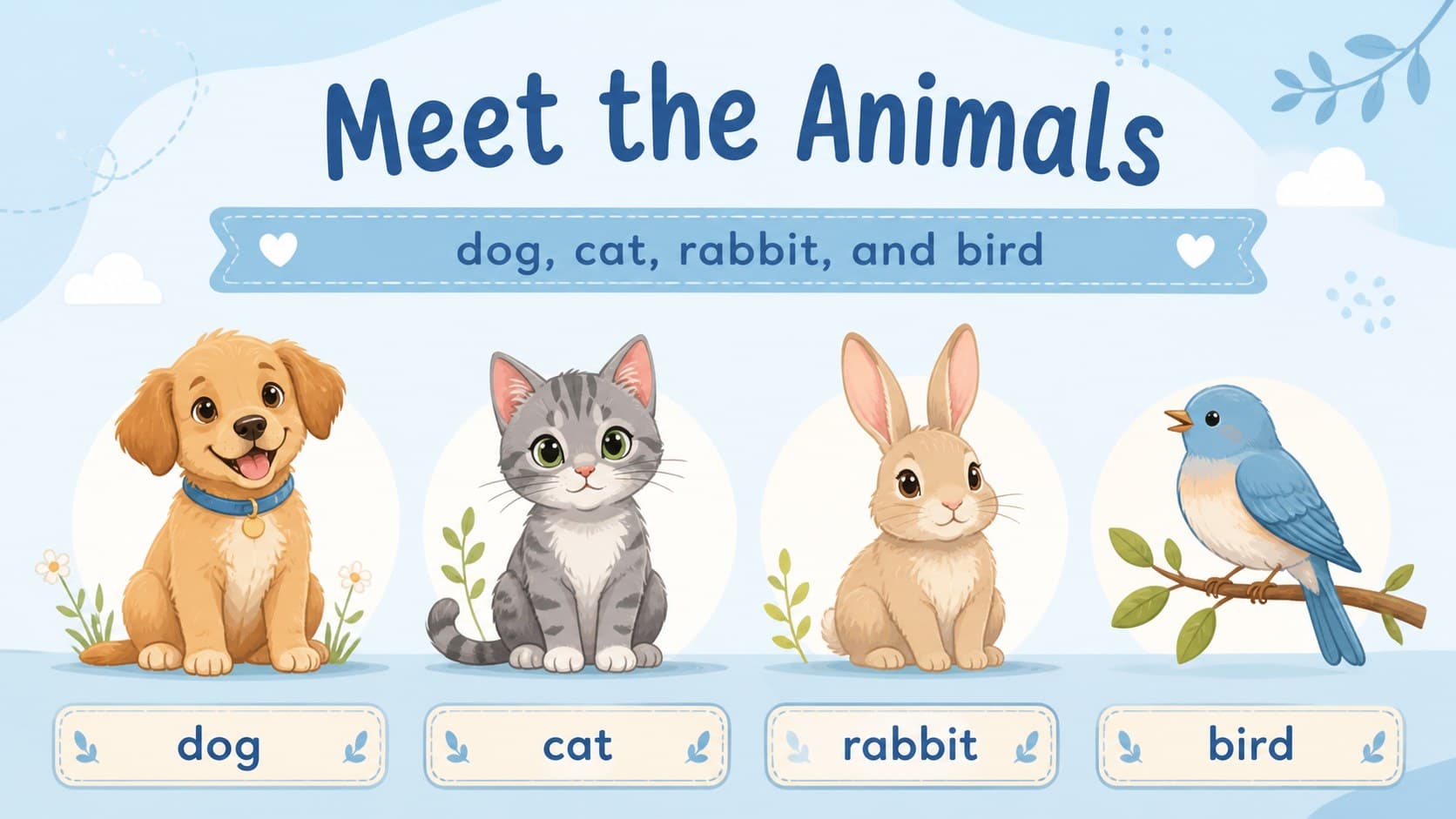 Preschool animal vocabulary slide introducing common creature names with colorful illustrated examples.
